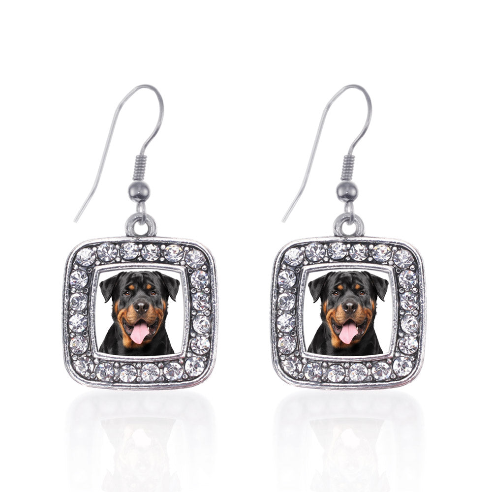 Silver Rottweiler Face Square Charm Dangle Earrings