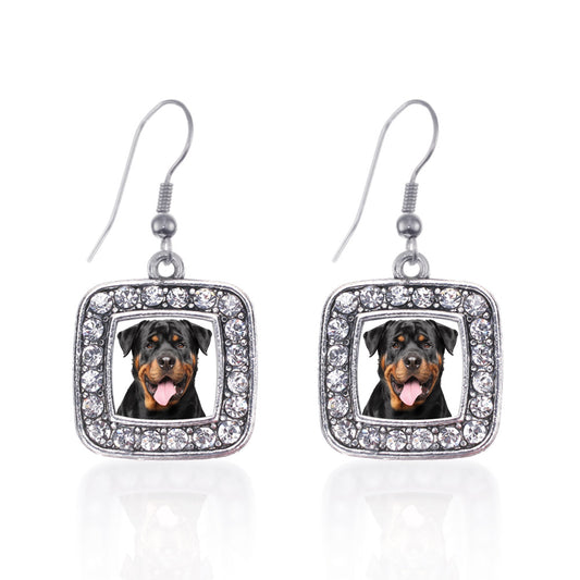 Silver Rottweiler Face Square Charm Dangle Earrings