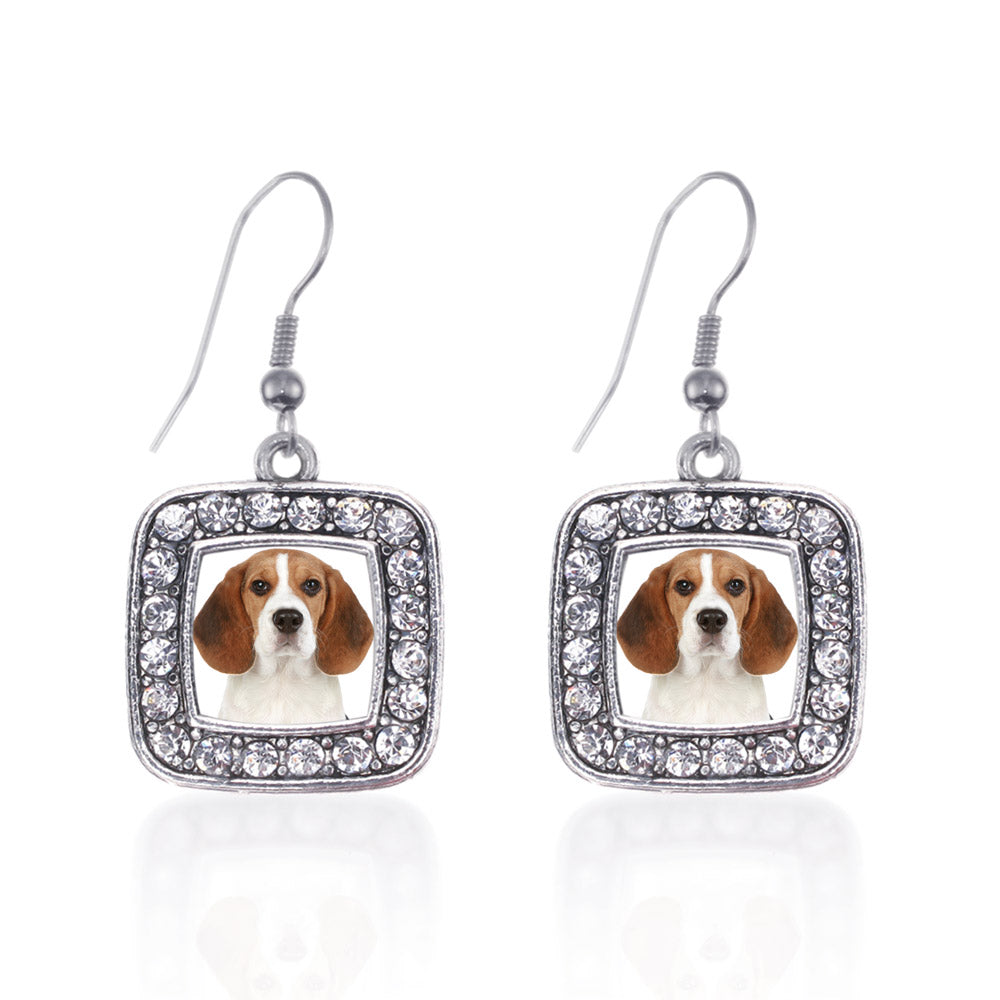 Silver Beagle Face Square Charm Dangle Earrings