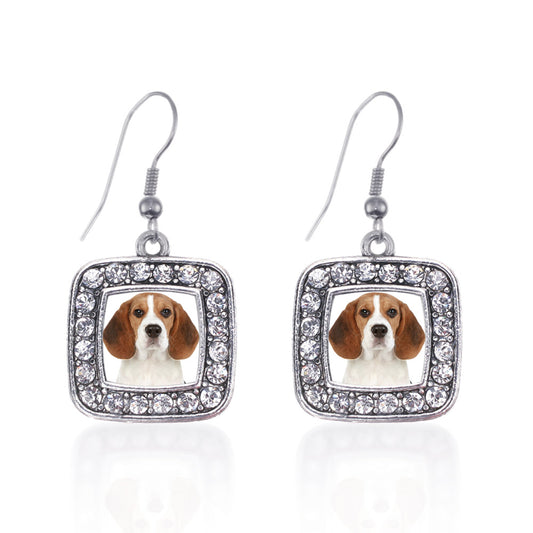 Silver Beagle Face Square Charm Dangle Earrings