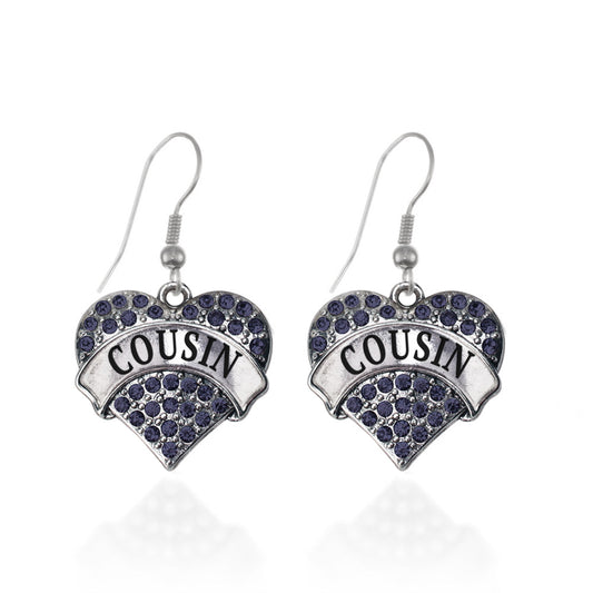 Silver Cousin Navy Blue Blue Pave Heart Charm Dangle Earrings