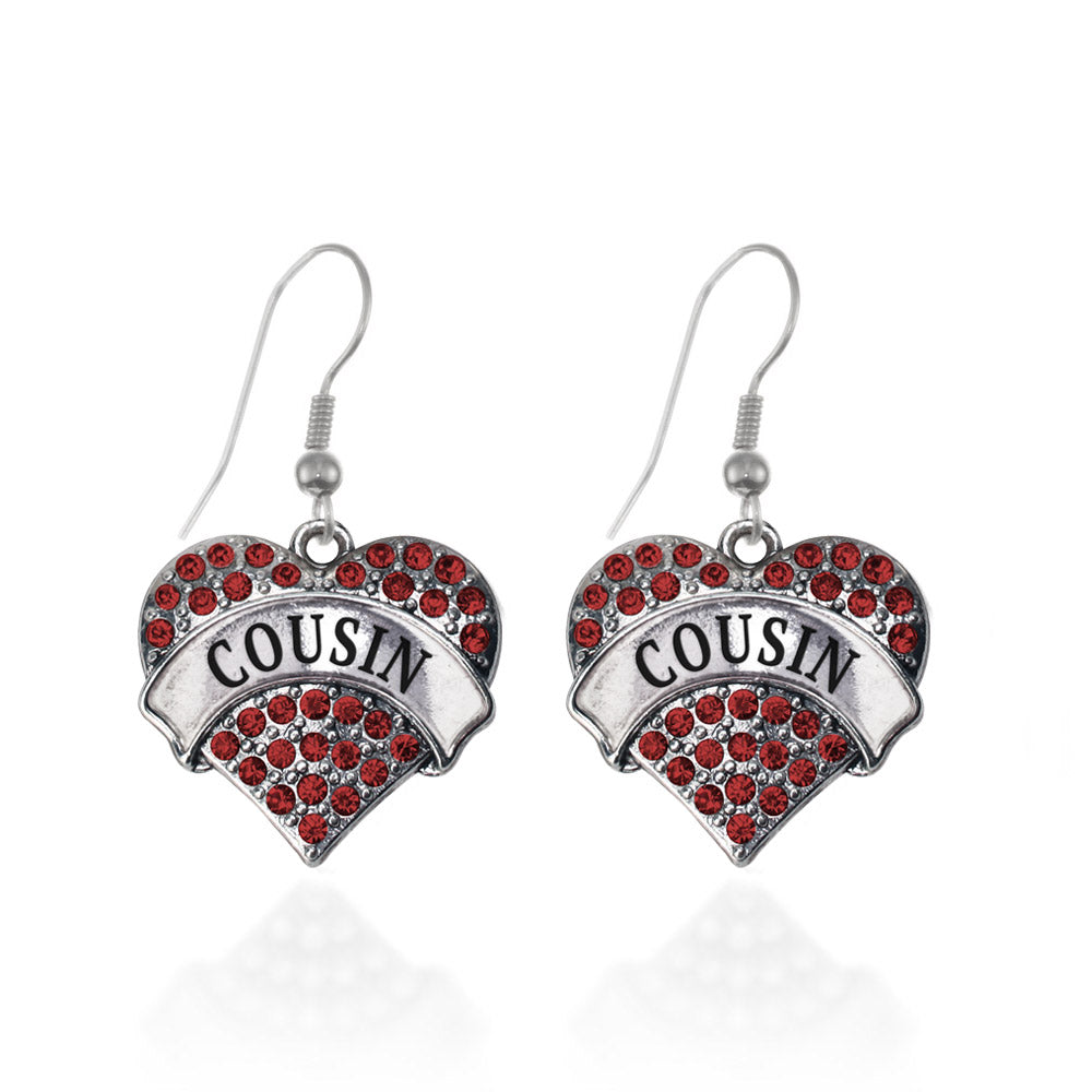 Silver Cousin Red Red Pave Heart Charm Dangle Earrings