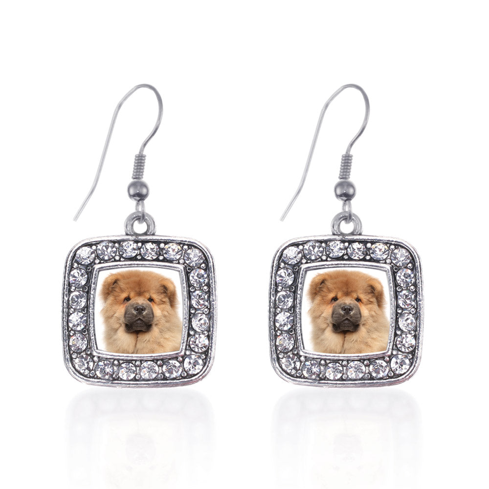 Silver Chow Chow Face Square Charm Dangle Earrings