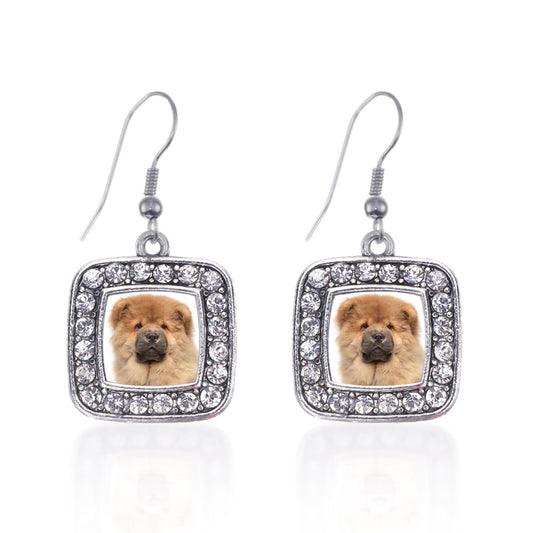 Silver Chow Chow Face Square Charm Dangle Earrings