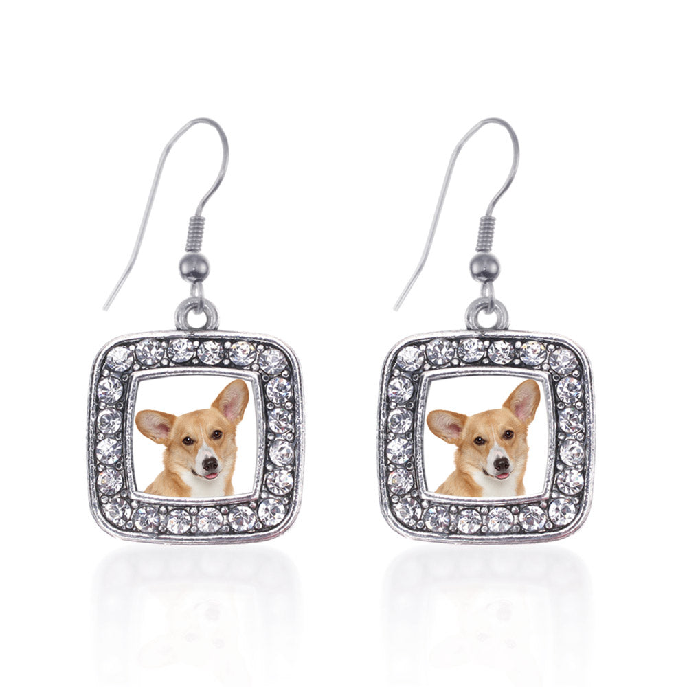 Silver Corgi Face Square Charm Dangle Earrings