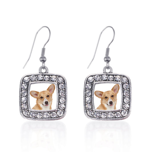 Silver Corgi Face Square Charm Dangle Earrings