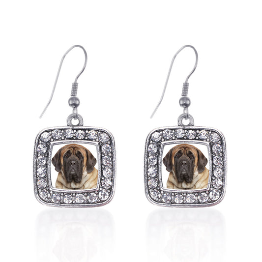 Silver Mastiff Face Square Charm Dangle Earrings
