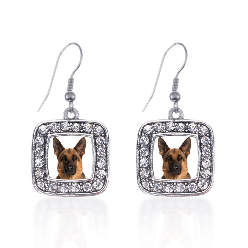 Silver German Shepherd Face Square Charm Dangle Earrings