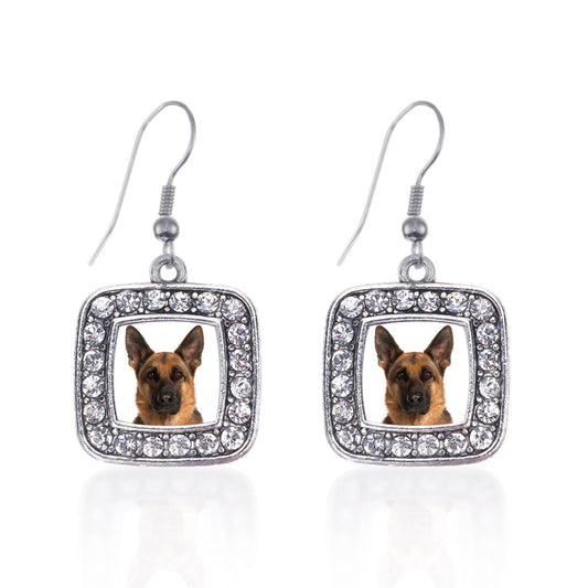 Silver German Shepherd Face Square Charm Dangle Earrings
