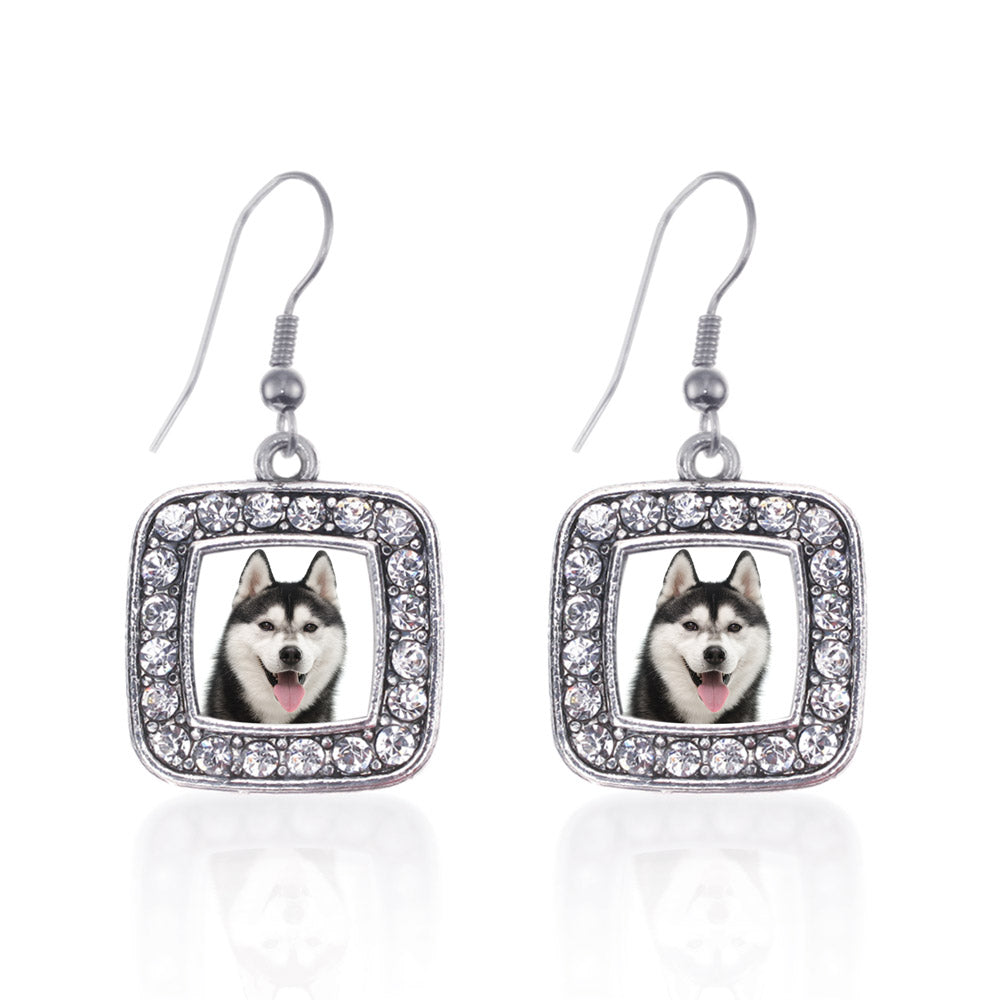 Silver Husky Face Square Charm Dangle Earrings
