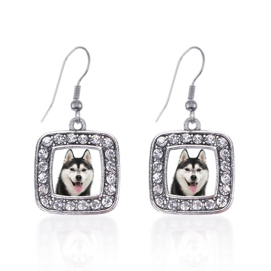 Silver Husky Face Square Charm Dangle Earrings