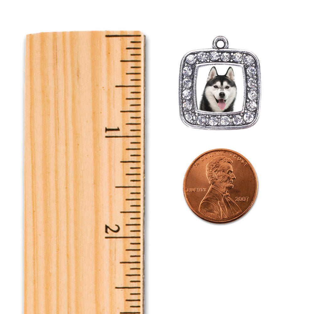 Silver Husky Face Square Charm Dangle Earrings