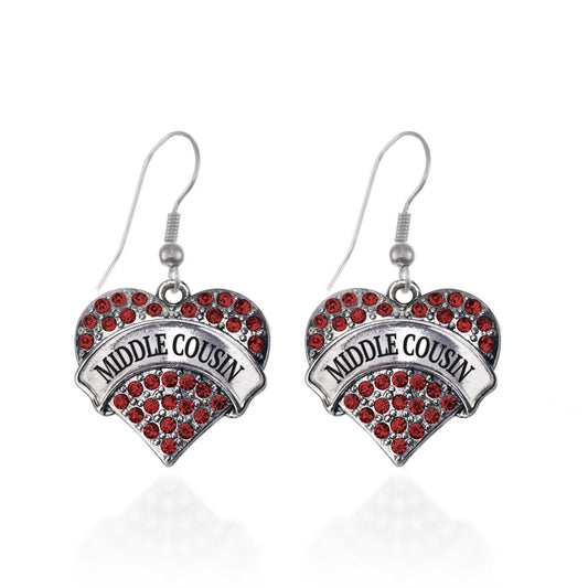 Silver Middle Cousin Red Red Pave Heart Charm Dangle Earrings