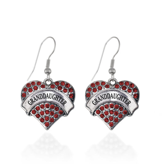 Silver Granddaughter Red Red Pave Heart Charm Dangle Earrings