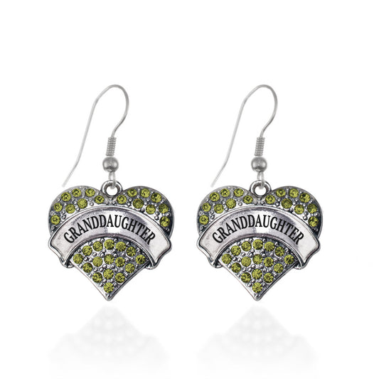 Silver Granddaughter Green Green Pave Heart Charm Dangle Earrings