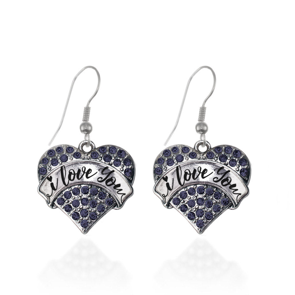 Silver I Love You Handwritten Script Navy Blue Blue Pave Heart Charm Dangle Earrings