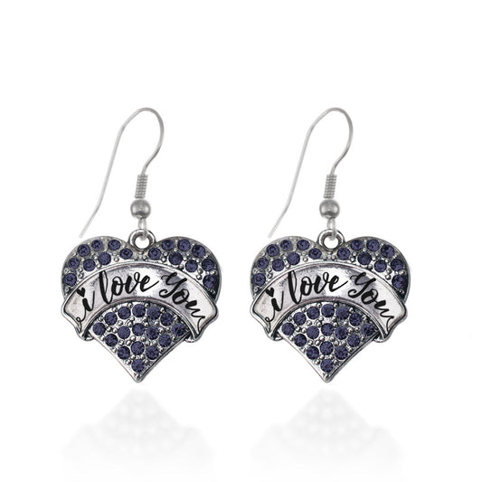 Silver I Love You Handwritten Script Navy Blue Blue Pave Heart Charm Dangle Earrings