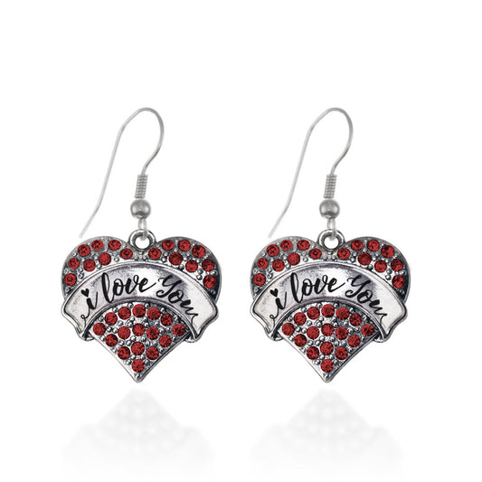 Silver I Love You Handwritten Script Red Red Pave Heart Charm Dangle Earrings