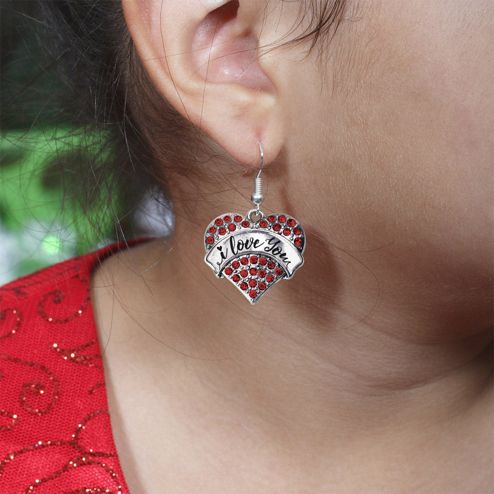 Silver I Love You Handwritten Script Red Red Pave Heart Charm Dangle Earrings