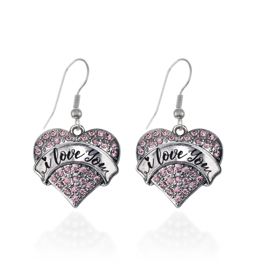 Silver I Love You Handwritten Script Pink Pink Pave Heart Charm Dangle Earrings
