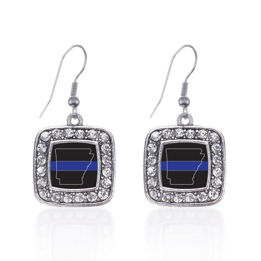 Silver Arkansas Thin Blue Line Square Charm Dangle Earrings