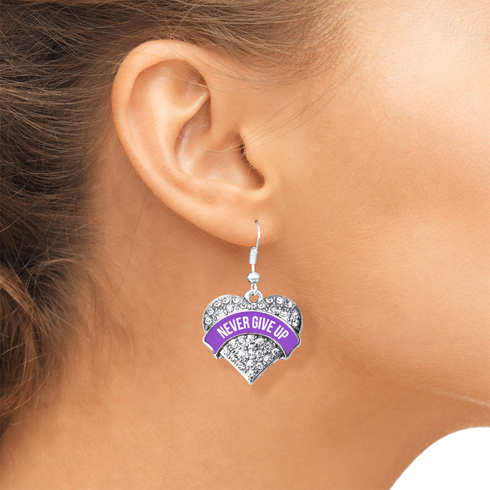 Silver Purple Banner Never Give Up Pave Heart Charm Dangle Earrings