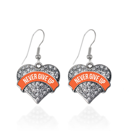 Silver Orange Banner Never Give up Pave Heart Charm Dangle Earrings