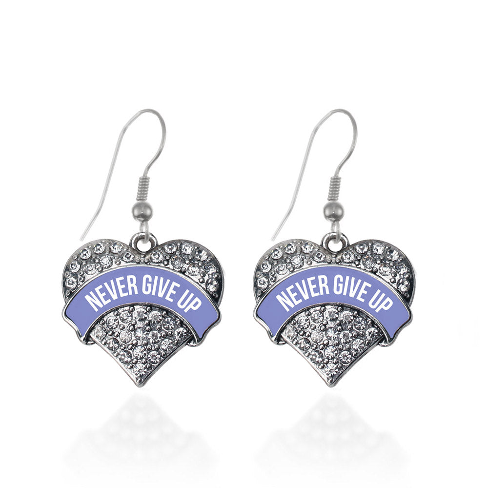 Silver Periwinkle Never Give up Pave Heart Charm Dangle Earrings