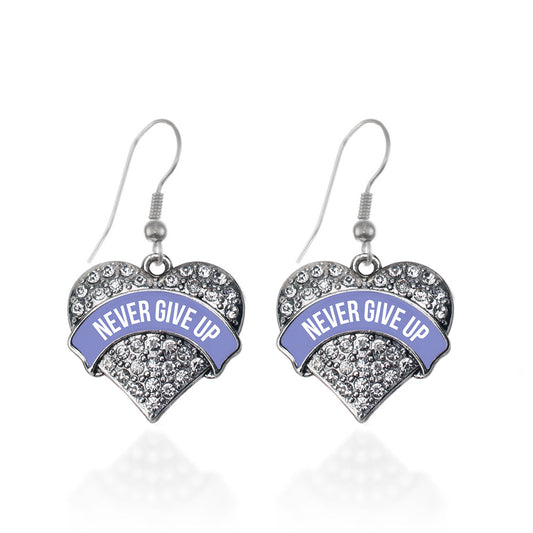 Silver Periwinkle Never Give up Pave Heart Charm Dangle Earrings