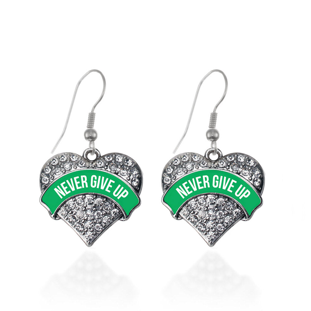 Silver Green Banner Never Give up Pave Heart Charm Dangle Earrings