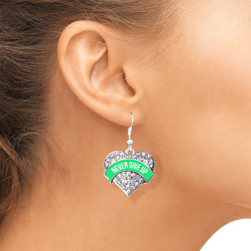 Silver Green Banner Never Give up Pave Heart Charm Dangle Earrings