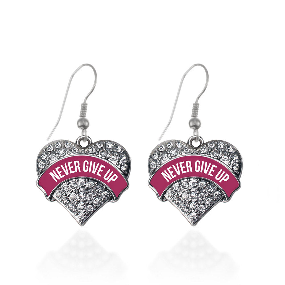 Silver Burgundy Banner Never Give Up Pave Heart Charm Dangle Earrings