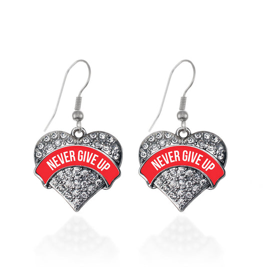 Silver Red Banner Never Give Up Pave Heart Charm Dangle Earrings