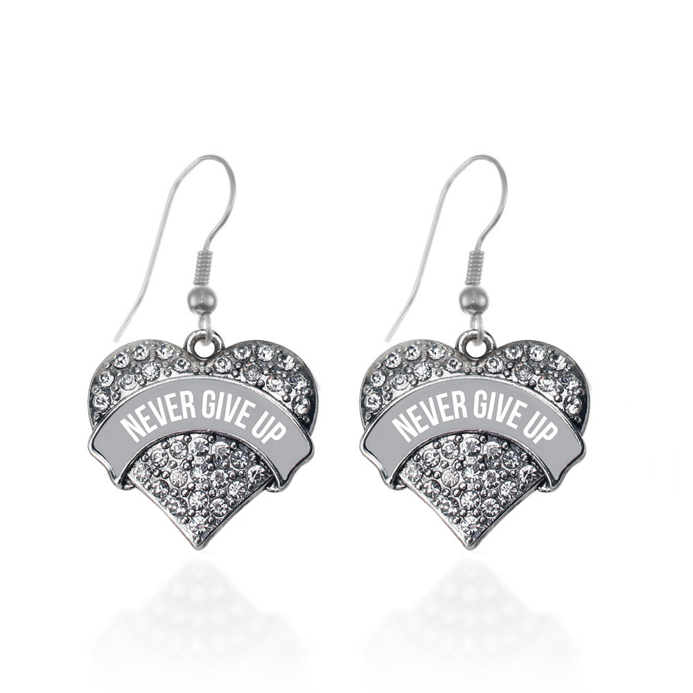 Silver Gray Banner Never Give Up Pave Heart Charm Dangle Earrings