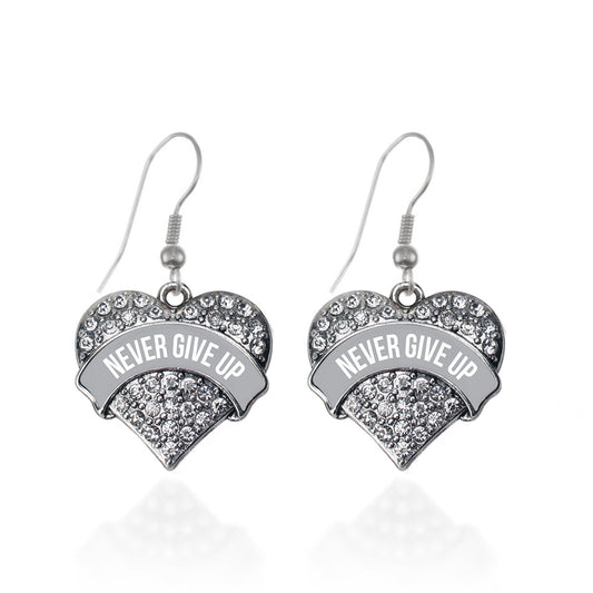 Silver Gray Banner Never Give Up Pave Heart Charm Dangle Earrings