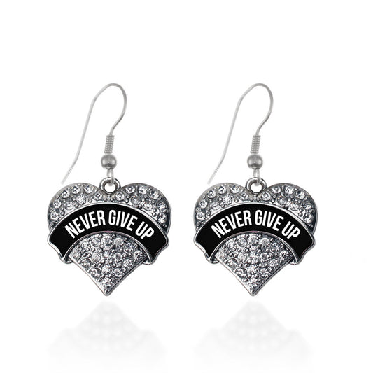 Silver Black Banner Never Give Up Pave Heart Charm Dangle Earrings