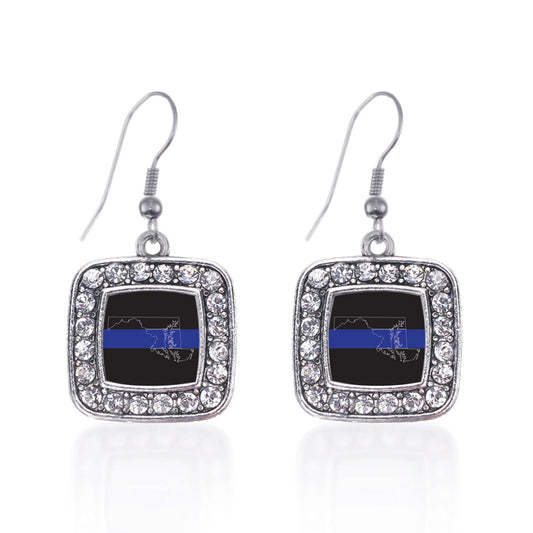 Silver Maryland Thin Blue Line Square Charm Dangle Earrings
