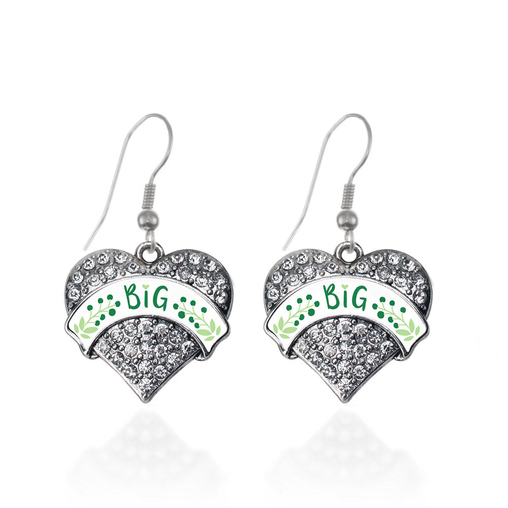 Silver Green and White Big Pave Heart Charm Dangle Earrings