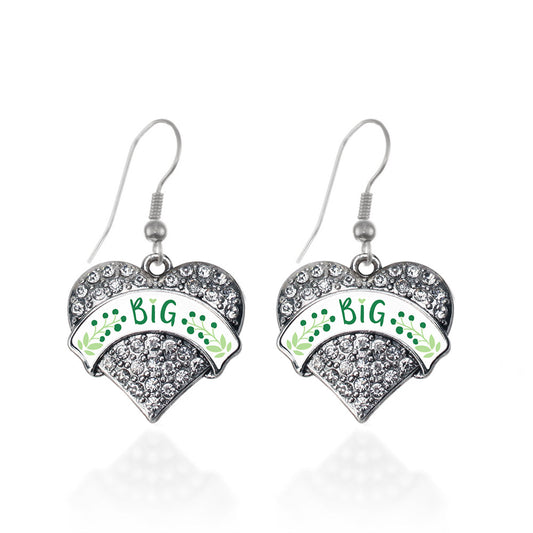 Silver Green and White Big Pave Heart Charm Dangle Earrings