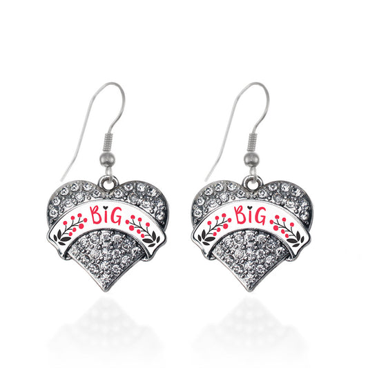 Silver Cardinal Red and Black Big Pave Heart Charm Dangle Earrings