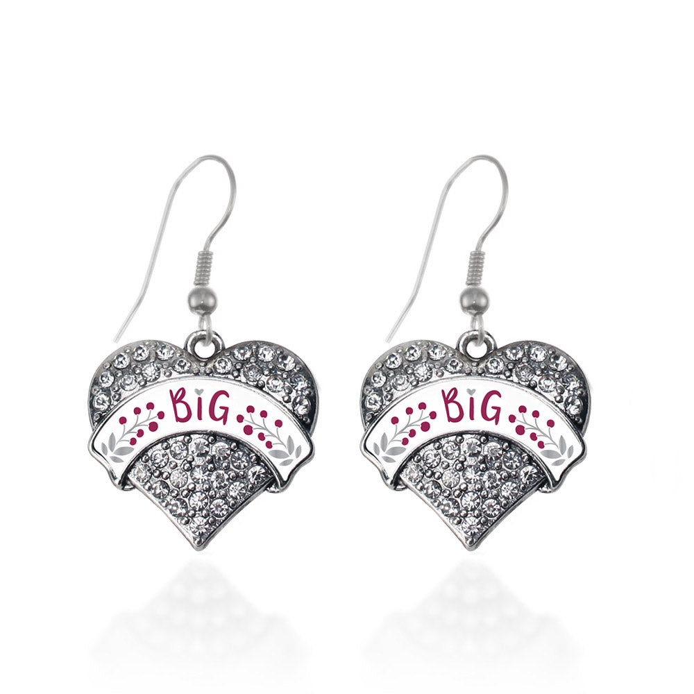 Silver Bordeaux and Grey Big Pave Heart Charm Dangle Earrings