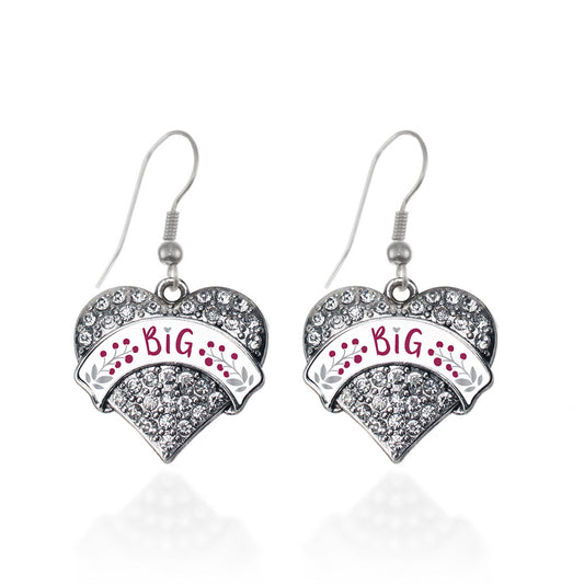 Silver Bordeaux and Grey Big Pave Heart Charm Dangle Earrings