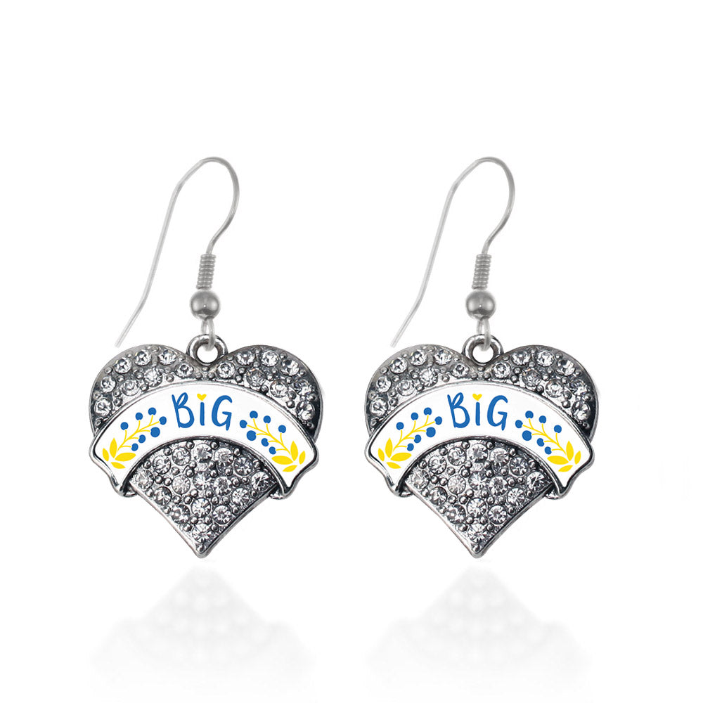 Silver Cerulean Blue and Canary Yellow Big Pave Heart Charm Dangle Earrings