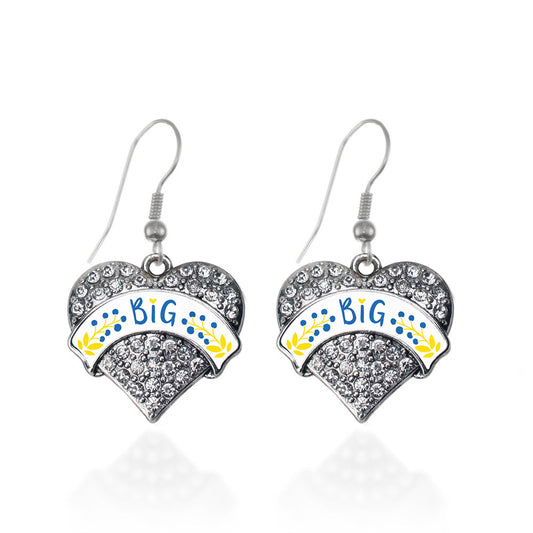 Silver Cerulean Blue and Canary Yellow Big Pave Heart Charm Dangle Earrings