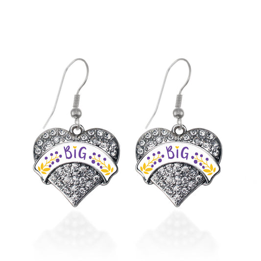 Silver Royal Purple and Canary Yellow Big Pave Heart Charm Dangle Earrings