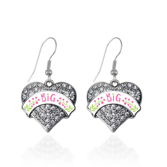 Silver Rose and Green Big Pave Heart Charm Dangle Earrings