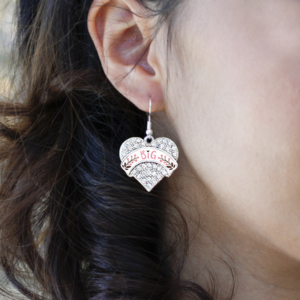 Silver Pink and Brown Big Pave Heart Charm Dangle Earrings