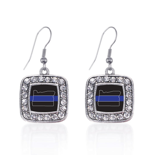 Silver Oregon Thin Blue Line Square Charm Dangle Earrings