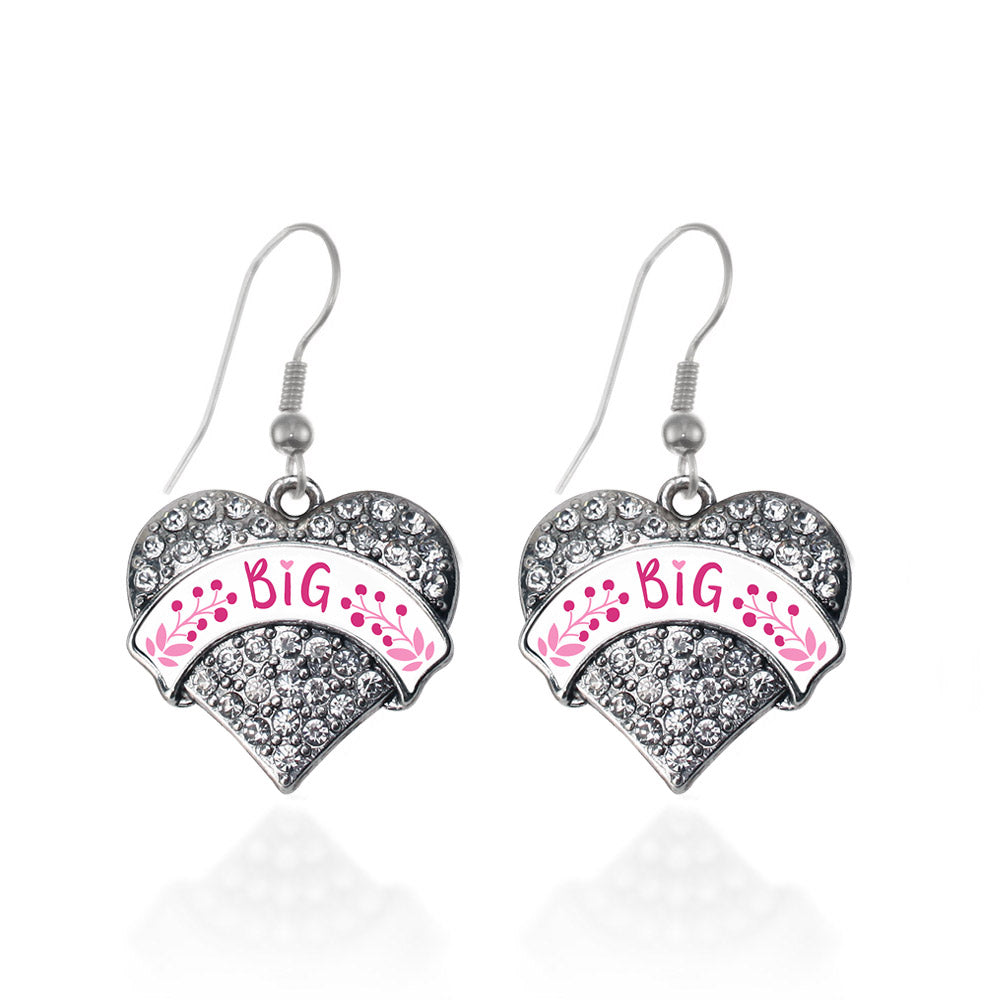 Silver Fuchsia and Rose Big Pave Heart Charm Dangle Earrings
