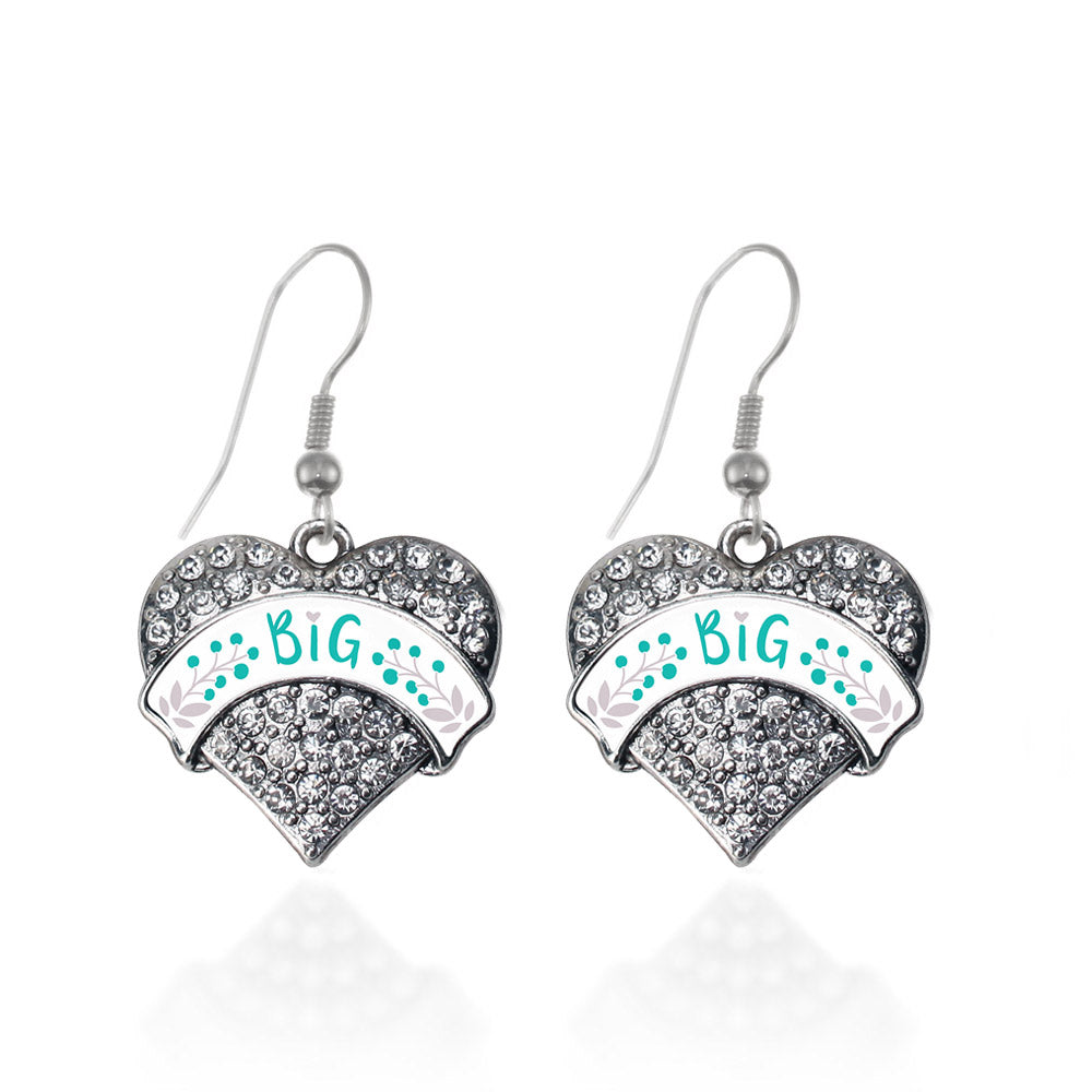 Silver Teal and Gray Big Pave Heart Charm Dangle Earrings